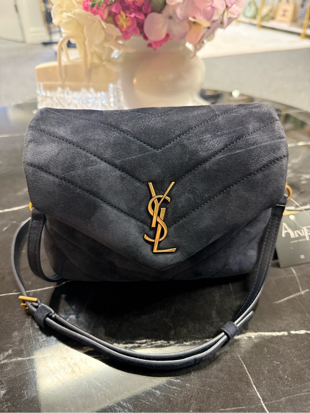 Saint Laurent Navy Suede Chevron Medium Shoulder Bag with Gold YSL Logo